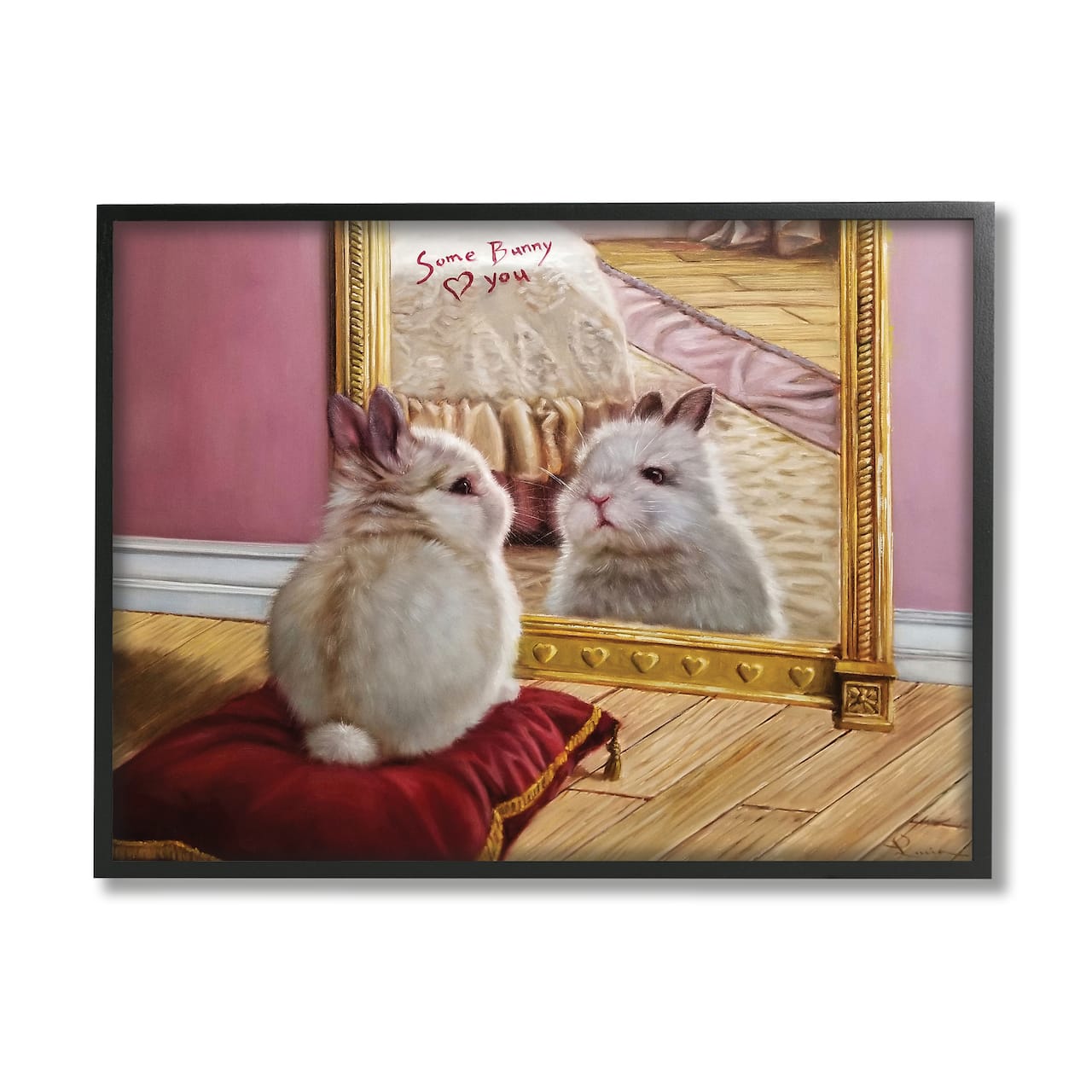 Stupell Industries Some Bunny Loves You Adorable Rabbit in Mirror in Black Frame Wall Art